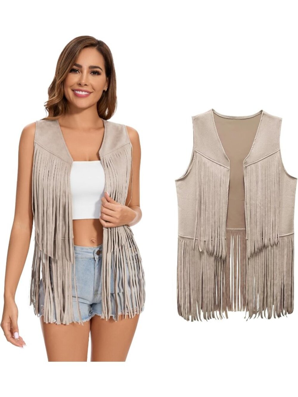 Women's Apricot Fringe Vest 70s Hippie Vest Sleeveless Cowgirl Western Jacket
